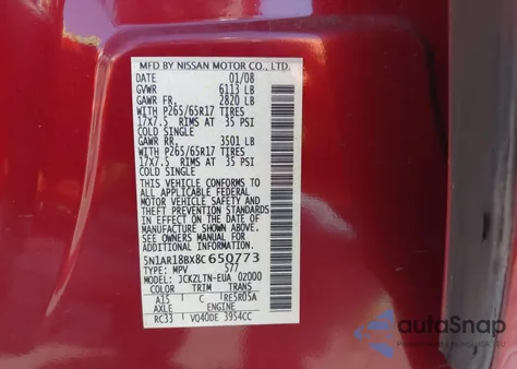 2008 Nissan Pathfinder Se из США, поврежденный, VIN 5N1AR18BX8C650773